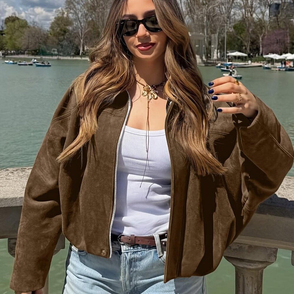 Women's Brown Faux Suede Jackets Fall Fashion Outfits Coat Winter Clothes Jacket - Picture 5 of 6